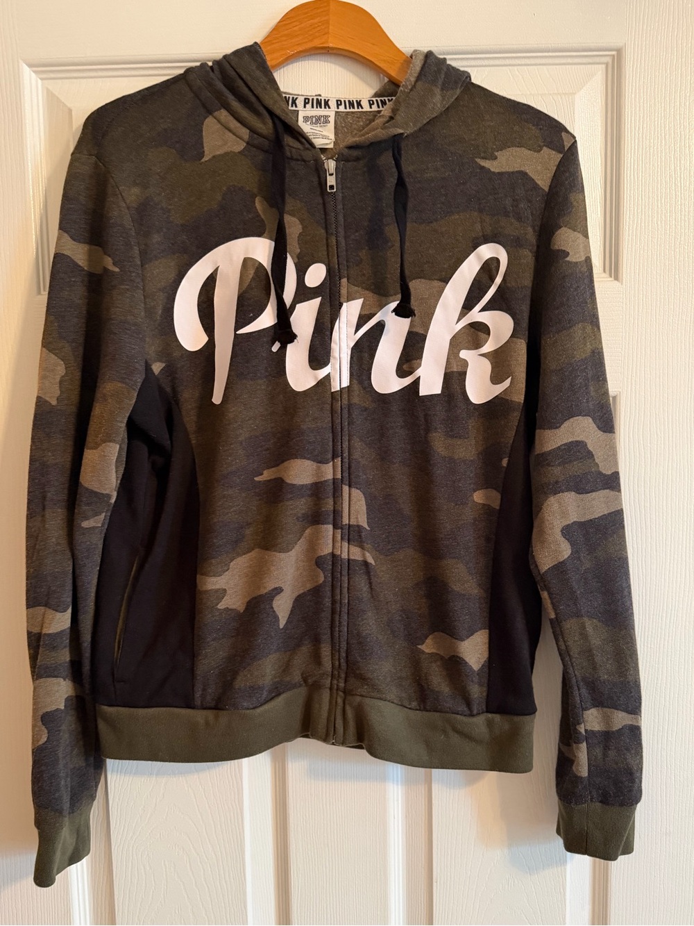 PINK Victoria's Secret Olive Camo Zip-Up Hoodie with White Logo